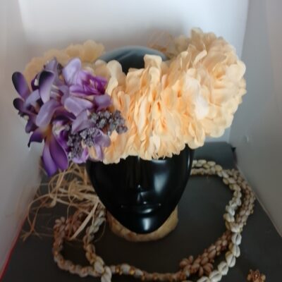 Couronne tiare Tahiti champagne maxi tiare lys moyens mauves