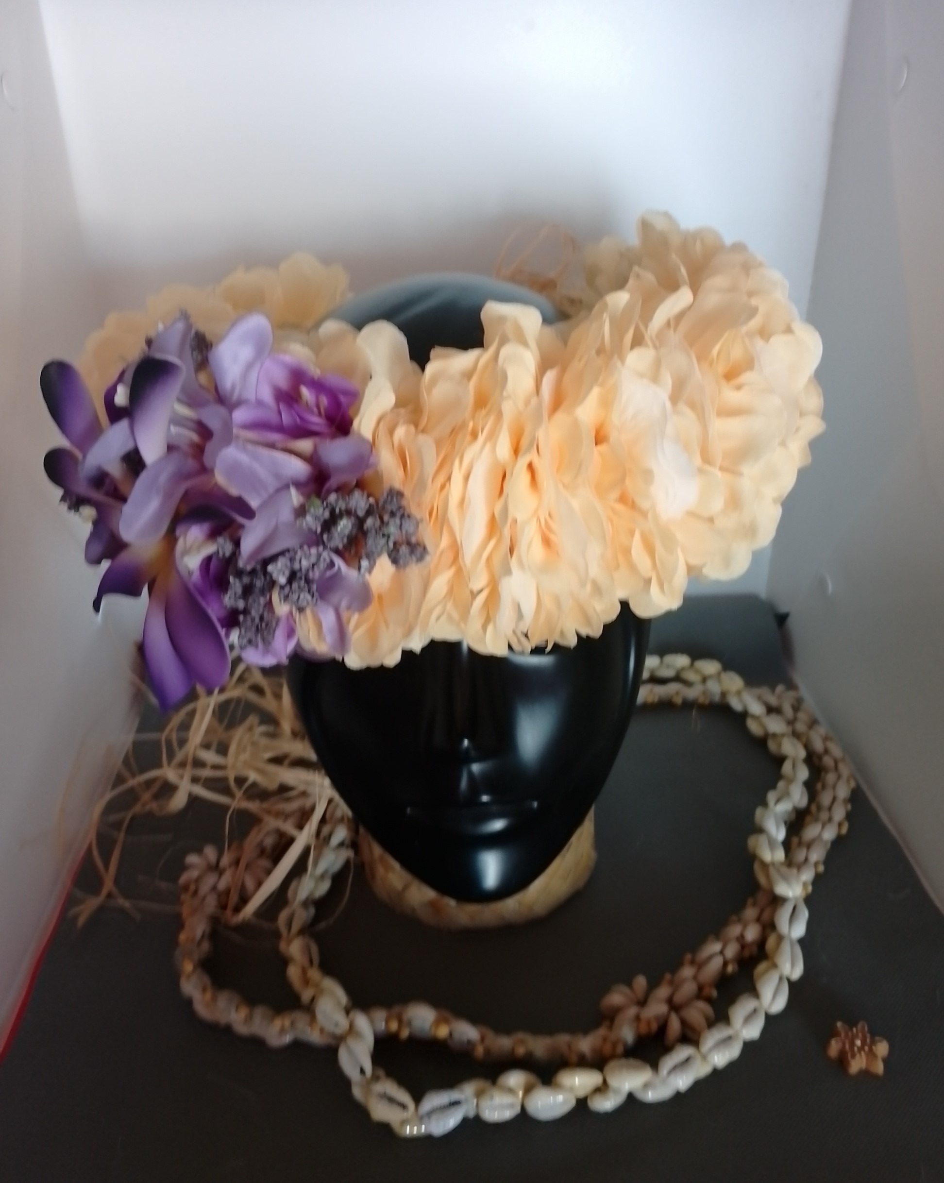 Couronne tiare Tahiti champagne maxi tiare lys moyens mauves Vaite.e.Tiare créations