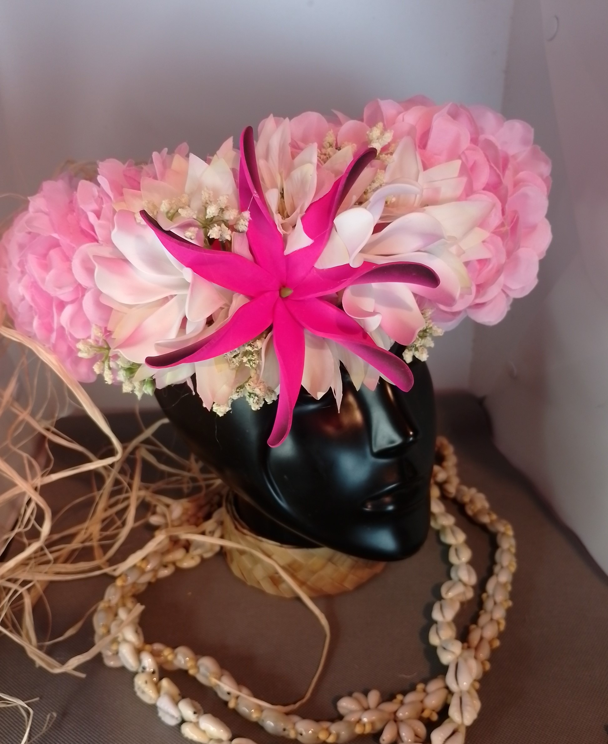 Couronne tiare Tahiti rose pâle maxi tiare deux tiare entre ouvertes Vaite.e.Tiare créations