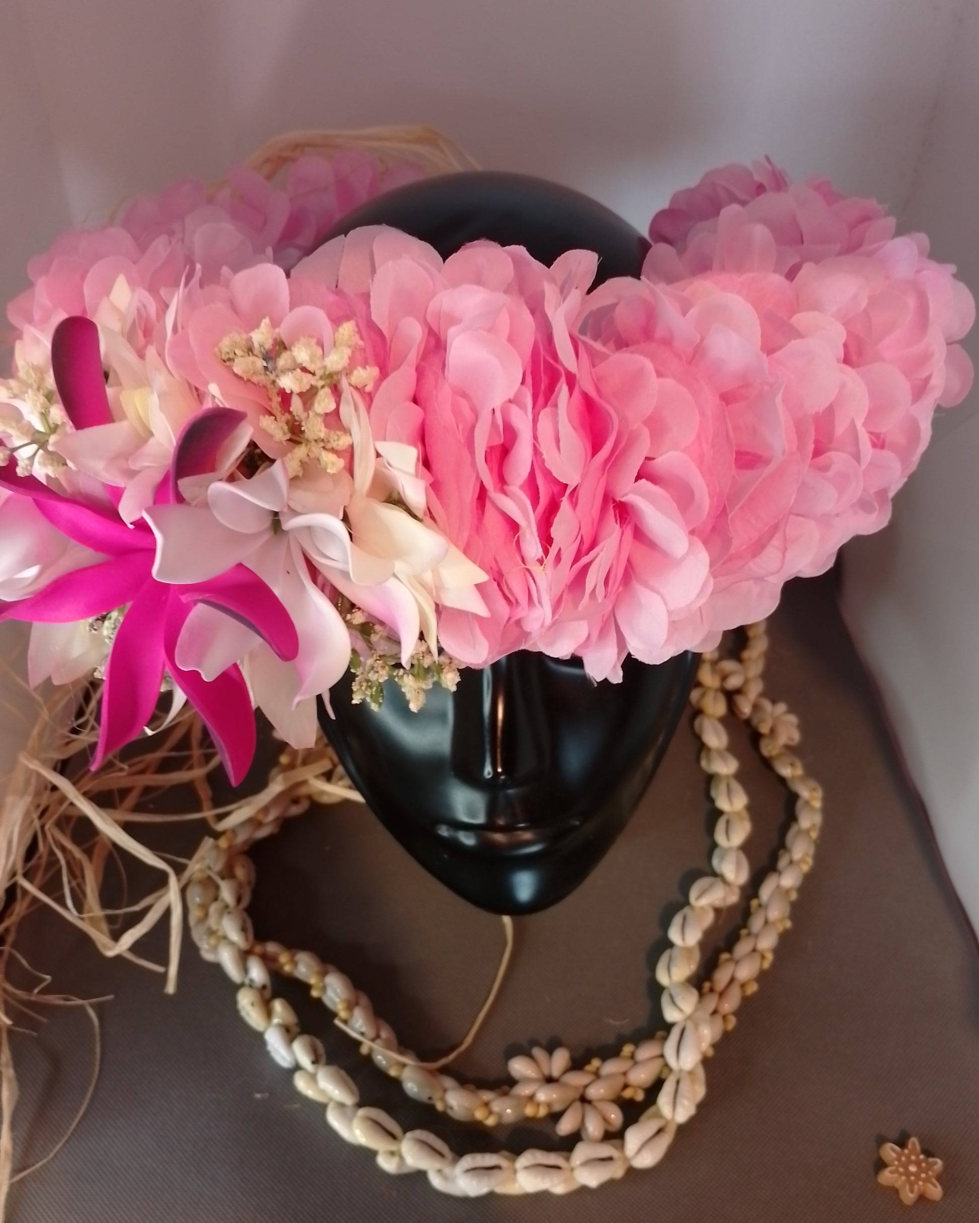 Couronne tiare Tahiti rose pâle maxi tiare deux tiare entre ouvertes Vaite.e.Tiare créations