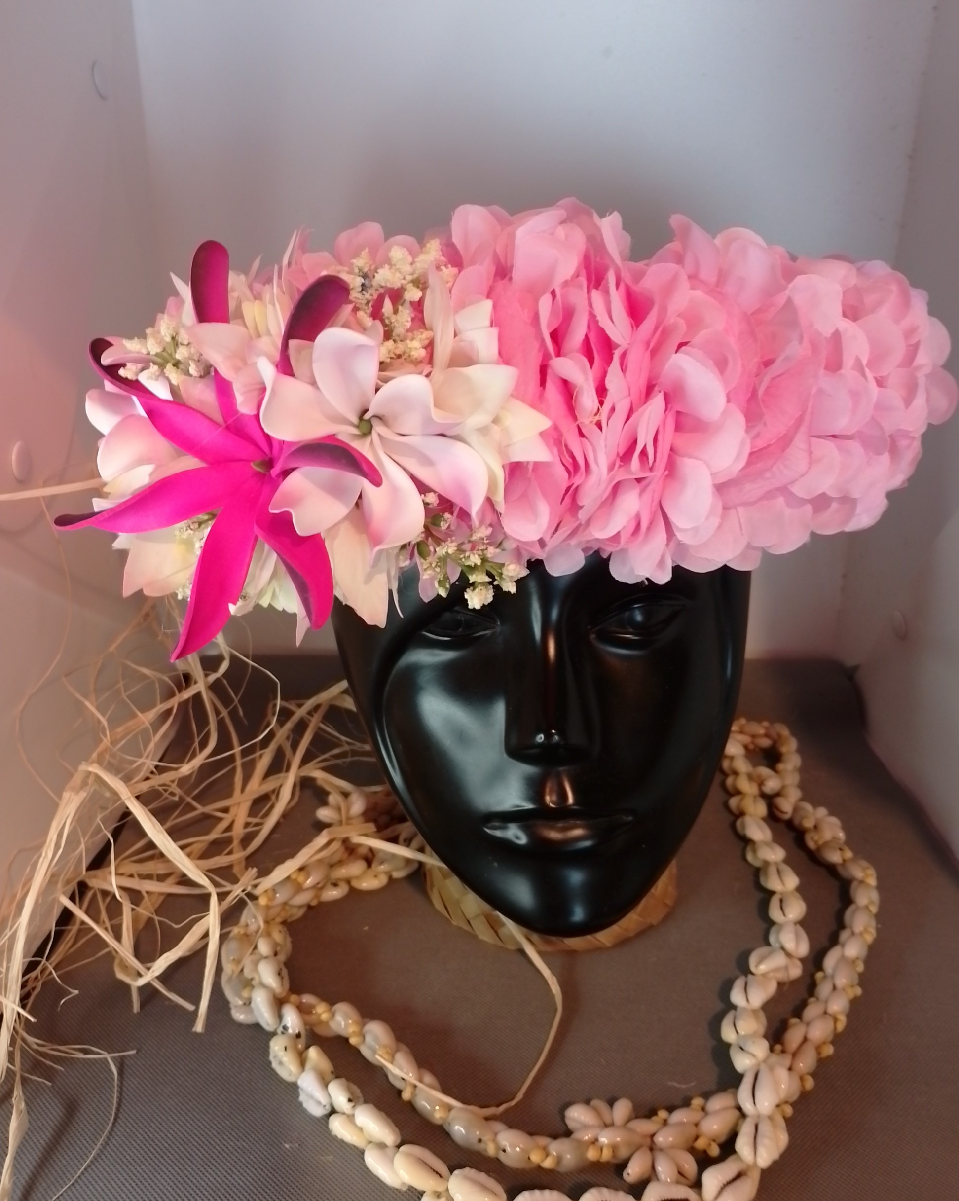 Couronne tiare Tahiti rose pâle maxi tiare deux tiare entre ouvertes Vaite.e.Tiare créations