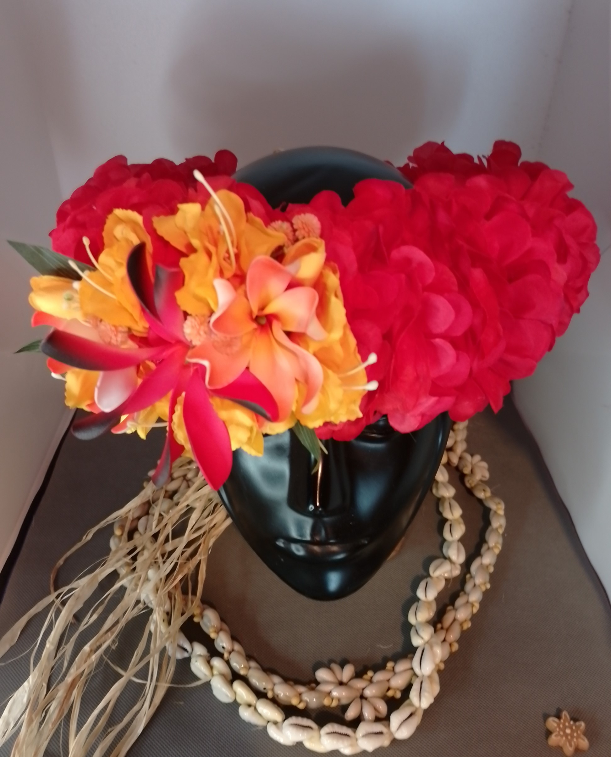 Couronne tiare Tahiti rouge maxi tiare deux tiare entre ouvertes Vaite.e.Tiare créations