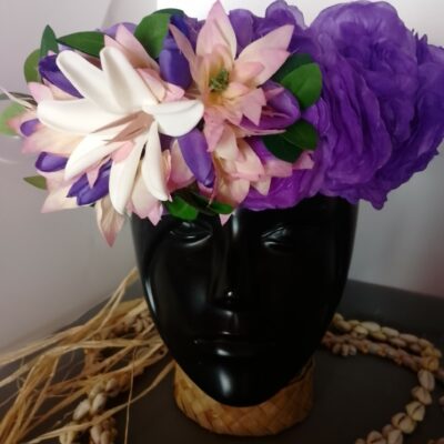 Couronne tiare Tahiti violette grande tiare boutons champagnes bords mauves