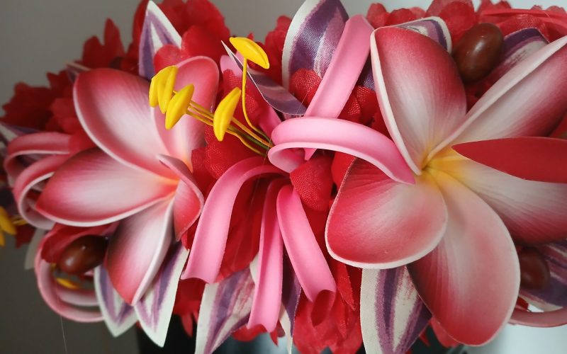 Couronne de fleurs Tahiti rouge tipanie bords rouges lys fushcias by Vaite.e.Tiare créations