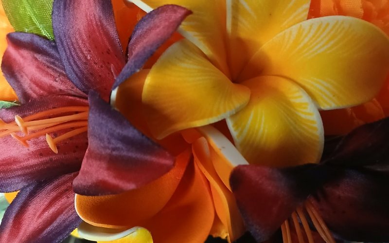 Couronne fleur Tahiti orange tipanie varié lys bordeaux et prune Vaite.e.Tiare créations