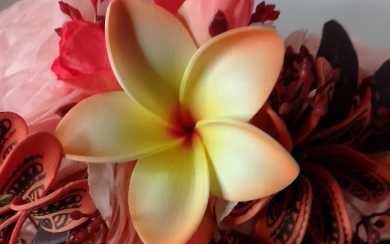 Couronne fleurs Tahiti orangée tiare tatouées tipanie bords oranges Vaite.e.Tiare créations