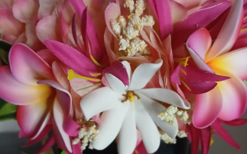 Couronne fleurs Tahiti champagne rosé deux tipanie tiare lys élancés fushcia Vaite.e.Tiare créations