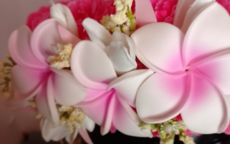 Couronne fleurs Tahiti fuchsia trois tipanie blancs cœur rose Vaite.e.Tiare créations