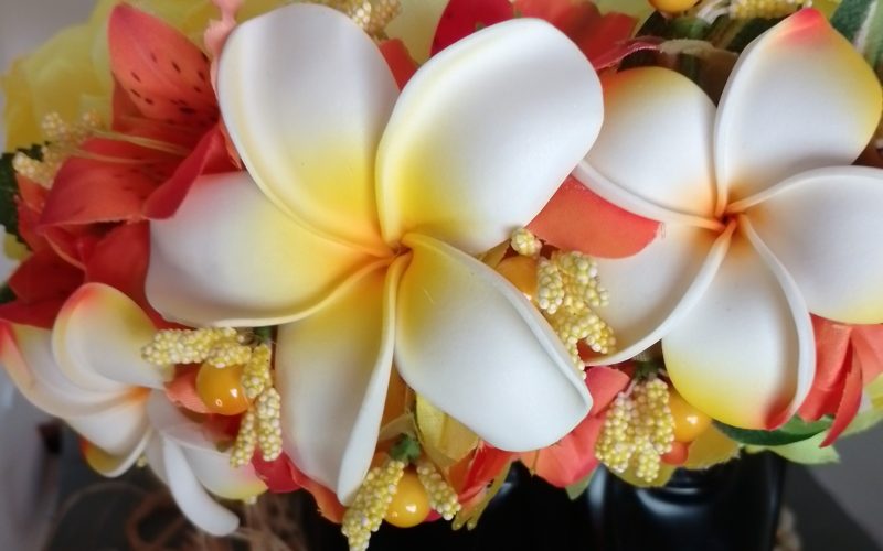 Couronne fleurs Tahiti jaune grand tipanie deux tipanie moyens blancs et jaunes Vaite.e.Tiare créations