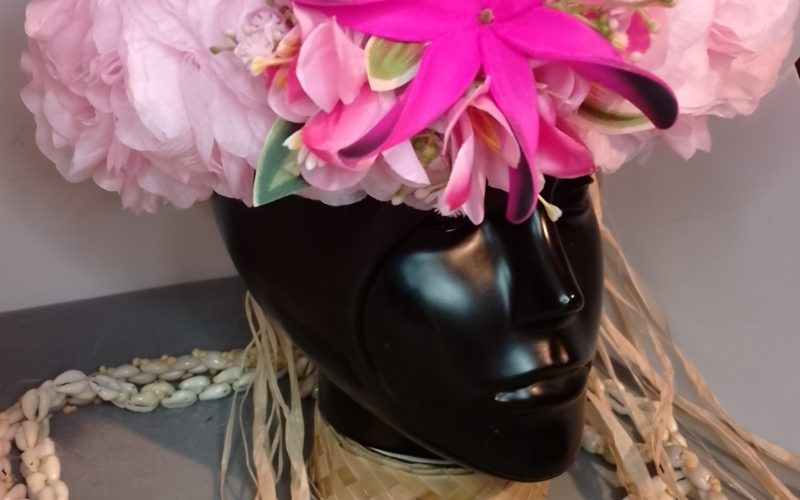 Couronne tiare Tahiti rose pâle maxi tiare fuchsia lili rose bords fuchsia Vaite.e.Tiare créations