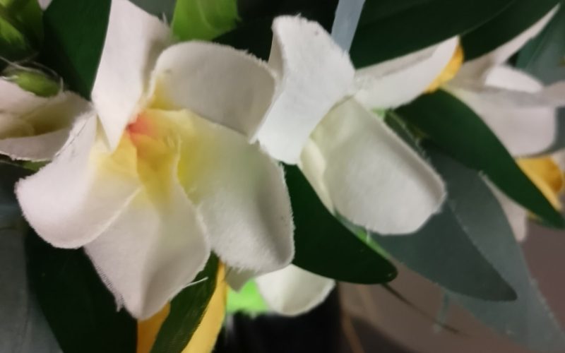 Couronne toute fleur Tahiti effet végétal verte tipanie blanc et boutons jaunes Vaite.e.Tiare créations